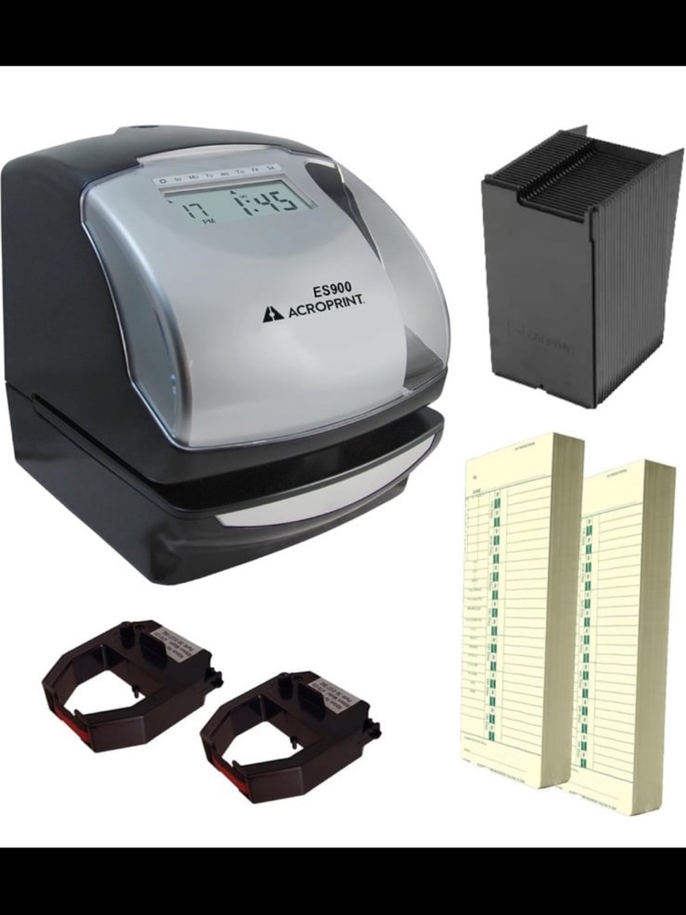 New! Acroprint ES900 Time Clock with Ribbons, Time Cards, Card Rack.